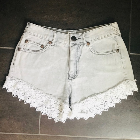 Free People Gray Lace Hem Denim Shorts - Picture 2 of 5